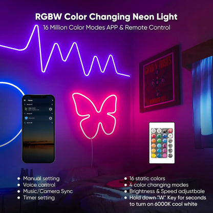 16.4FT RGBW 24V Silicone Led Light Remote APP WiFi Control Music Sync Waterproof RGB+Cool White Dimmable Smart Neon Rope Lights
