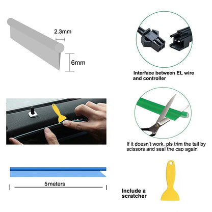 5M Car Interior Led Strip Light Neon EL Wiring Decorative Lamp For Auto DIY Flexible Ambient Light USB Party Atmosphere Diode