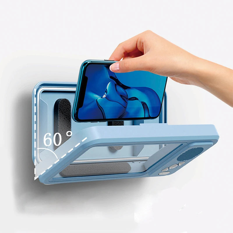 Bathroom Waterproof Phone Case with Bluetooth Speaker Wall Mount Phone Holder Stand Anti-Fog for Showering Bathe Kitchen