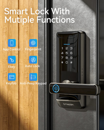 Smart Door Lock, TMEZON Keyless Entry  Fingerprint Door Lock with Keypad Digital Door Lock with Handle for Home, Remote/Card