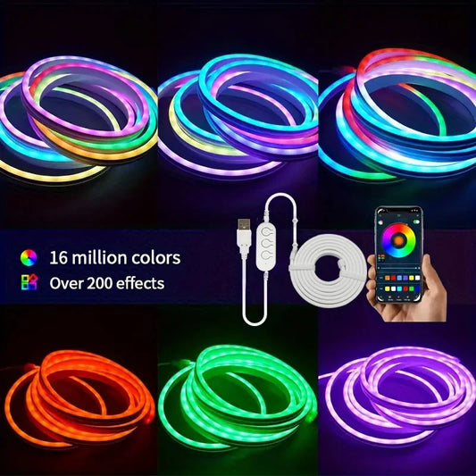 LED Neon Strip Lights 5V USB Silicone Neon Rope Light with Music Sync RGBIC Dreamcolor Chasing Strip Tape for DIY Deocor Lightin
