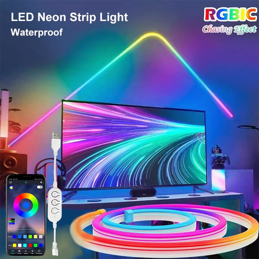 LED Neon Strip Lights 5V USB Silicone Neon Rope Light with Music Sync RGBIC Dreamcolor Chasing Strip Tape for DIY Deocor Lightin